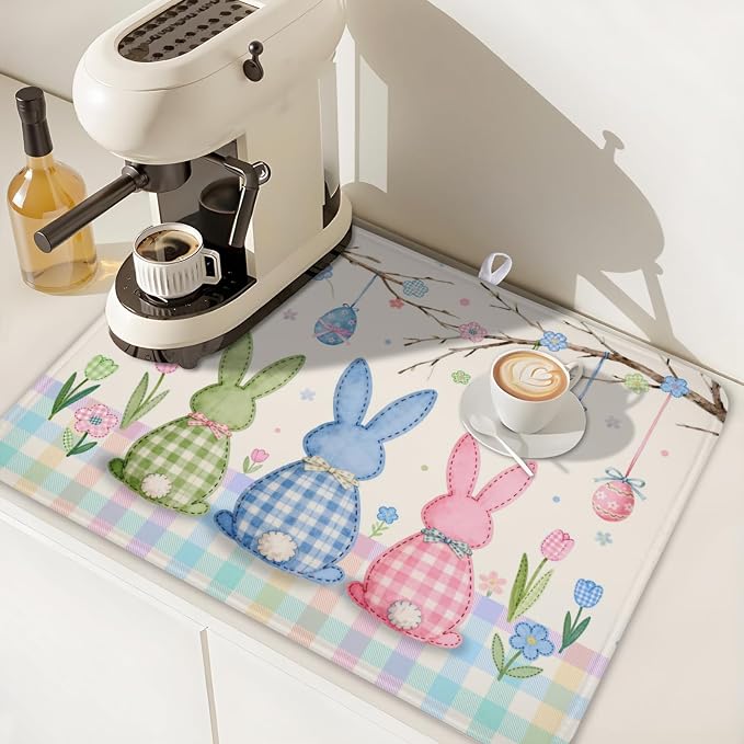 Easter Bunny Dish Drying Mat for Kitchen Counter 18 x 24 Inch Rabbit Eggs Dish Drainer Mat Absorbent Microfiber Dish Rack Pad for Spring Holiday Coffee Dining Bar Decor