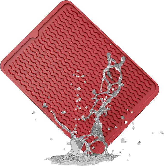 ZLR Silicone Dish Drying Mat for Kitchen Counter (12" x 16" / 307 x 405mm) - Large Fast-Dry Drainer Mat with Raised Wavy Ridges & 5mm Lip - Non-Slip, Heat Resistant 450°F, BPA-Free (Lava Red)