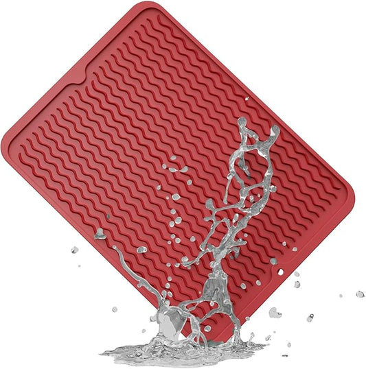ZLR Silicone Dish Drying Mat for Kitchen Counter (12" x 16" / 307 x 405mm) - Large Fast-Dry Drainer Mat with Raised Wavy Ridges & 5mm Lip - Non-Slip, Heat Resistant 450°F, BPA-Free (Lava Red)