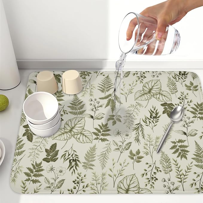 Vintage Botanical Floral Dish Drying Mat for Kitchen Counter Sage Green Herbs Fern Leaves Plant Microfiber Dish Drainer Mat Absorbent Washable Drying Pad Extra Large 18"x24"