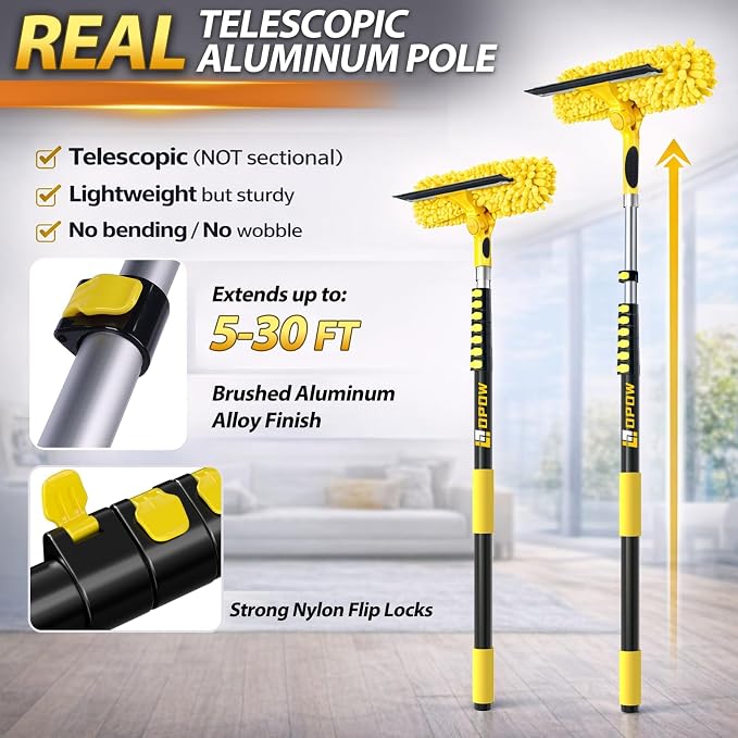 36 Feet High Reach Squeegee Window Cleaner Kit with 5-30Ft Extension Pole | 2 in 1 Window Cleaning Tool w/ 8-Stage Telescopic Pole &Rotatable Head,Window Washing Equipment for Solar Panel,RV,Car Glass