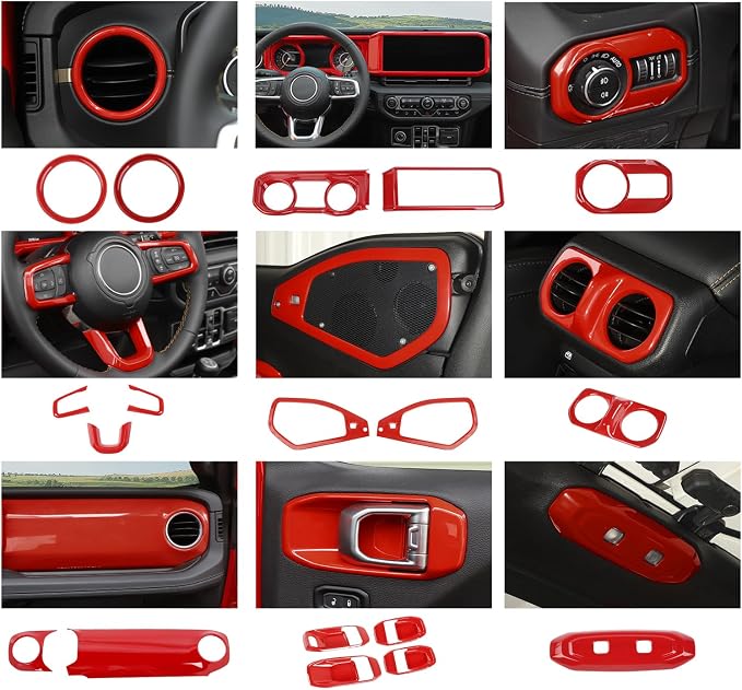 21PCS Full Set Interior Trim Kit for 2024-2026+ Jeep Wrangler JL JLU & Jeep Gladiator JT, Dashboard Side Outlet Door Handle Bowl Headlight Switch Roof Reading Light Cover (Red)