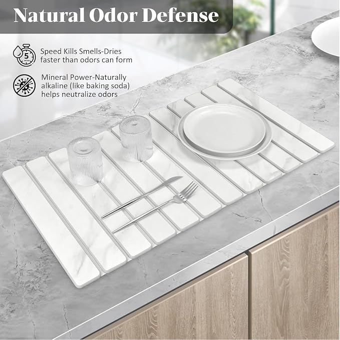 2 PCS Large Stone Dish Drying Mat for Kitchen Counter, 28"×16" Marble Dish Drying Mat with 8"x 4" Coasters, Non - Slip Collapsible Absorbent Mat for Multi - Purpose, Match Any Countertop【White】