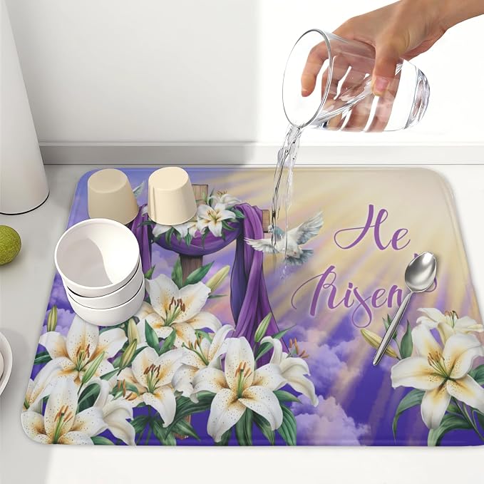 Easter Dish Drying Mat for Kitchen Counter He is Risen Cross Floral Purple Pattern Microfiber Dish Drainer Mat Rustic Absorbent Washable Drying Pad 16"x18"