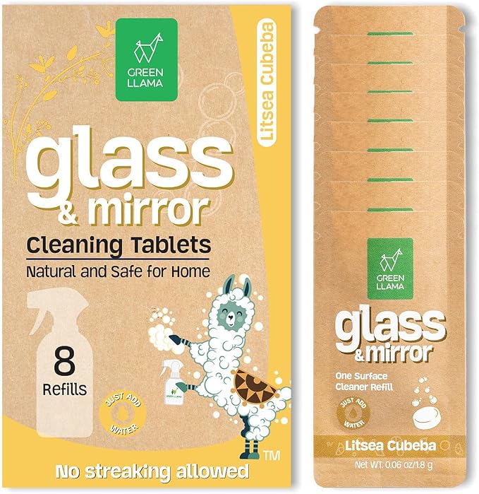 Green Llama Window and Glass Refill 8-Pack - Certified Compostable Packaging, Natural Cleaning Solution for Windows and Glass - Eco-Friendly and Sustainable