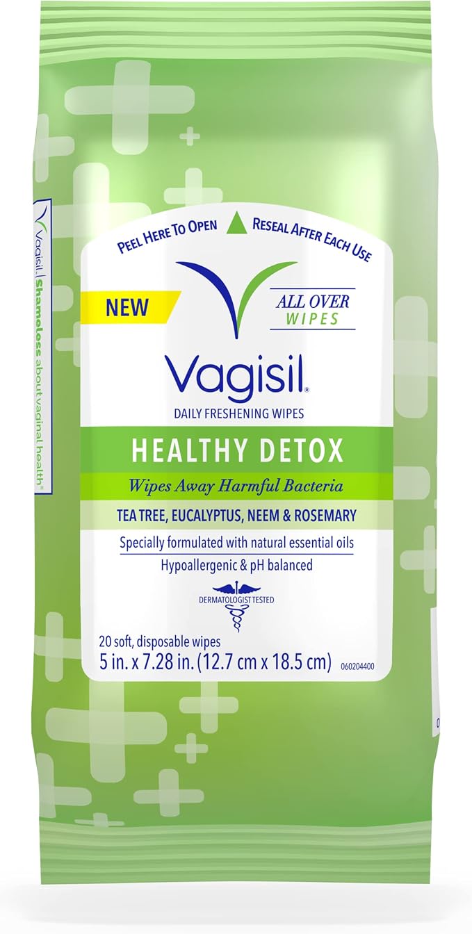 Vagisil Wipes for All Over Cleaning, Health Detox, Formulated with Essential Oils, 20 Wipes in a Re-Sealable Pouch (Pack of 1)