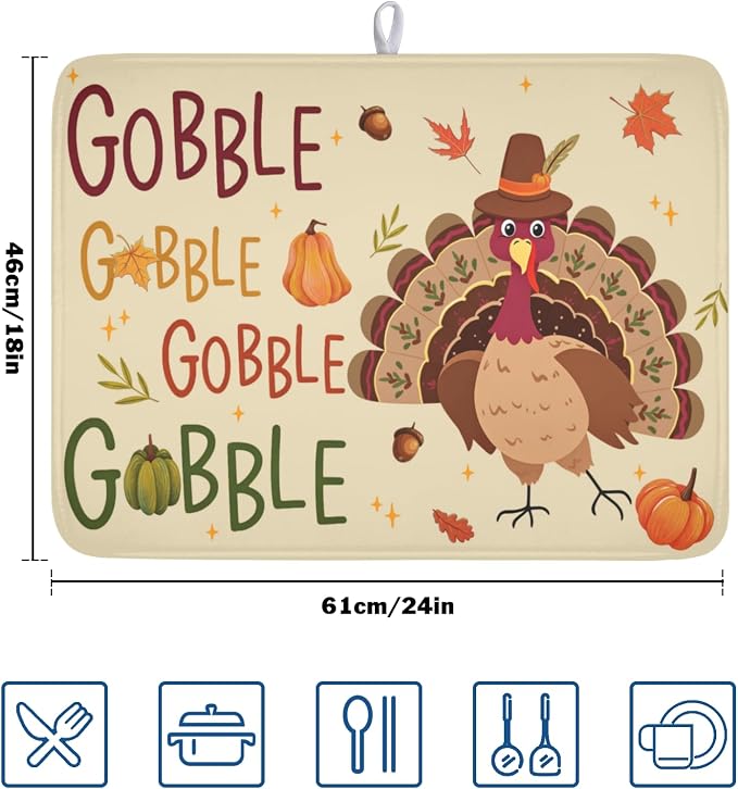 Thanksgiving Turkey Dish Drying Mat for Kitchen Counter 18x24 Inch Pumpkin Dish Drainer Mat Absorbent Microfiber Gobble Dish Rack Pad for Fall Holiday Coffee Dining Bar Decor