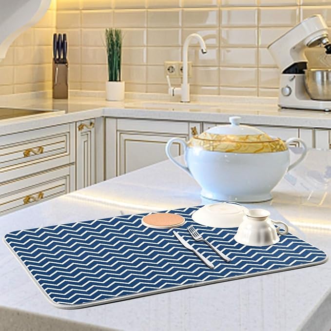 Nautical Navy Stripes Dish Drying Mat for Kitchen, Absorbent Microfiber Drying Pad Dish Mat, 24" X 18"