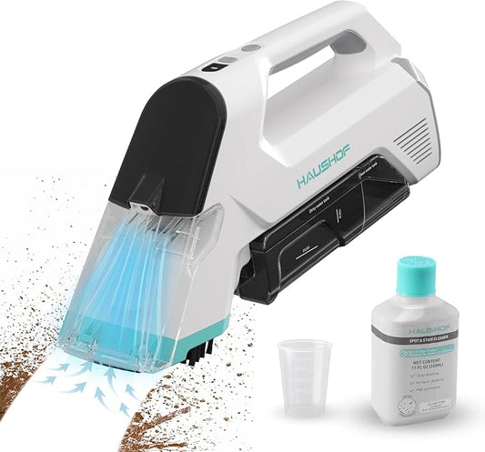 HAUSHOF 12V Cordless Handheld Carpet Cleaner, 6.5KPa Suction | 2 Water Tanks, Type-C Charging, Spot & Stain Cleaner, Portable Design for Carpet, Upholstery, Stairs & Car
