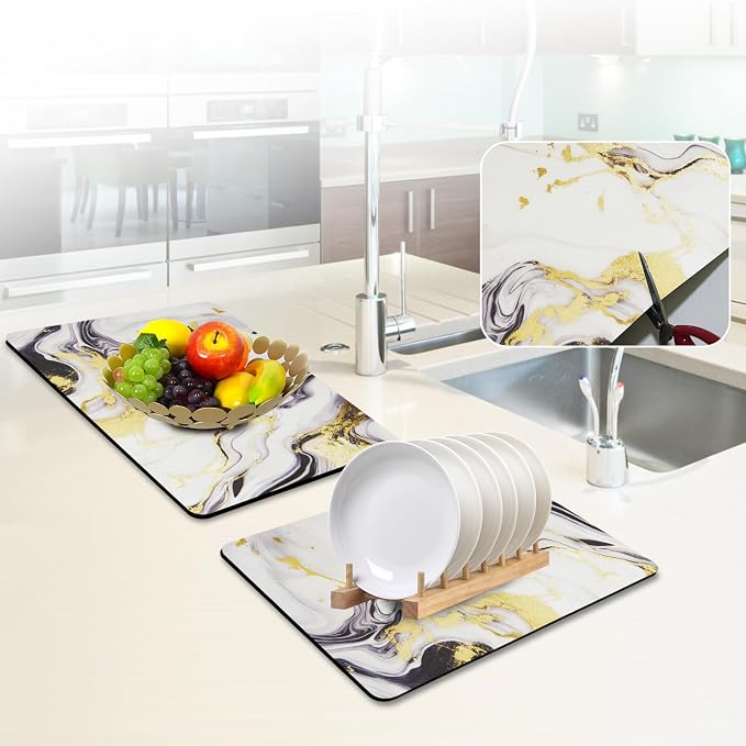 Sofort Dish Drying Mat for Kitchen Counter, Gold Black Marble Dish Drying Pad with Non-slip Rubber Backed, Super Absorbent Drying Mats for Dish Rack, Coffee Maker 16 x 24 Inches