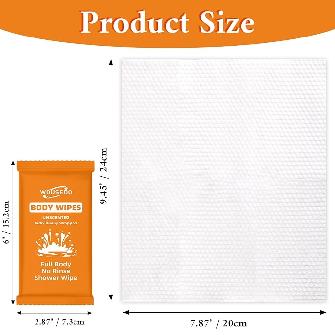 300 Pack Ultra Thick Body Wipes Individually Wrapped, Size 7.87" x 9.45" | Soft Shower Wipes for Adults Bathing No Rinse, Personal Cleansing Wipes for Travel Gym, Bulk Deodorant for Homeless(Orange)