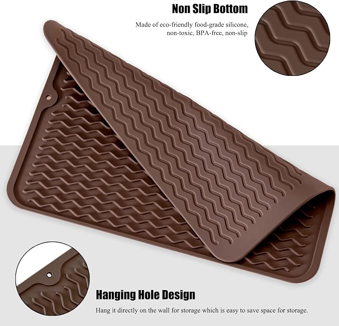 Large 17" x 14" Silicone Dish Drying Mat for Kitchen Counter, Easy clean, Quick Dry, Heat-resistant Dish Drainer Mat for Sink,Refrigerator or Drawer liner (Food Grade Silicone-Coffee)