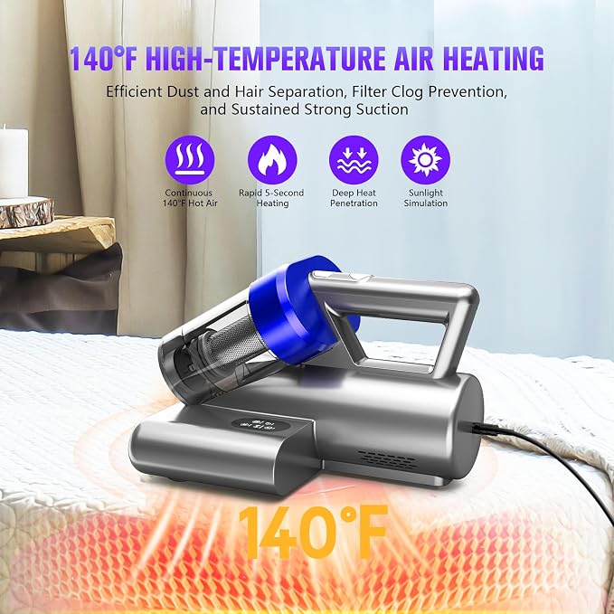Mattress Vacuum Cleaner,Bed Vacuum Cleaner with UV-C Light,16Kpa,140°F Heat,Ultrasonic,Anion,Handheld Vacuums for Bed,Sofa,Couch,Crib(Corded, Blue Black)