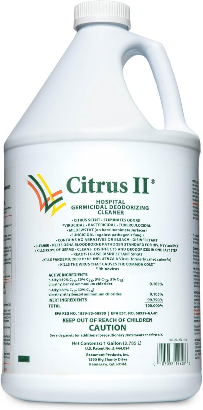 Citrus II Hospital Germicidal Deodorizing Cleaner - Fresh Citrus Scent - 1 Gallon - Refill - Disinfecting Cleaner for Home, Hospital and Office Areas