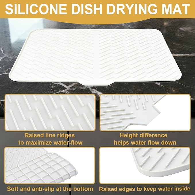 Silicone Dish Drying Mat 23x17,Food-Grade Silicone,Easy Clean Pad for Countertop Protection,Heat Resistant,Easy Clean,Non-Slip Drain Pad with Built-in Drain,Multi-Functional Use,White
