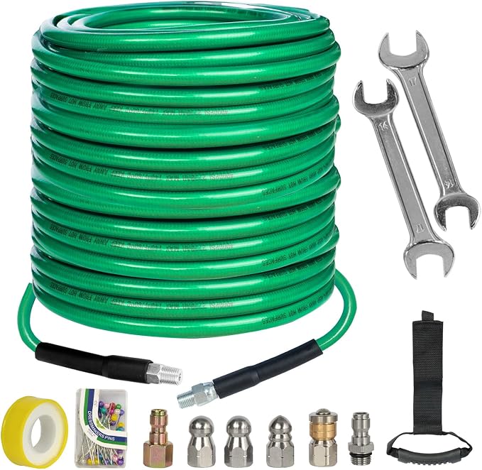 Hourleey Sewer Jetter Kit for Pressure Washer 150FT, 4000 PSI Drain Cleaner Hose 1/4 Inch NPT, Corner Rotating and Button Hose Sewer Jetting Nozzle Pearl Corsage Pin Tape Handle Strap Spanner, Green