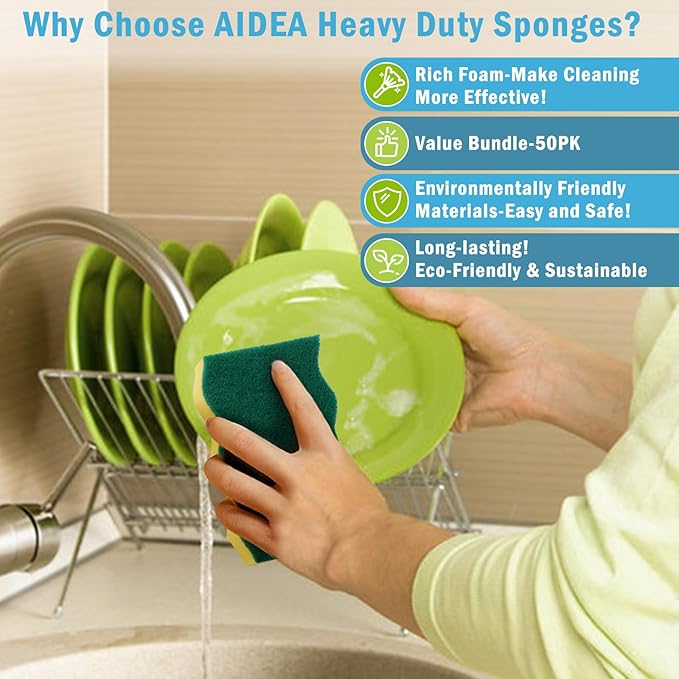 AIDEA Sponges Kitchen, 50-PK Heavy Duty Dish Sponge Kitchen, Scrub Sponges | Dish Sponges Stink-Free, Wavy Edge Cleaning Dish Scrubber Sponges for Home & Restaurant, Bathroom, Bulk Sponges for Pots/Pans