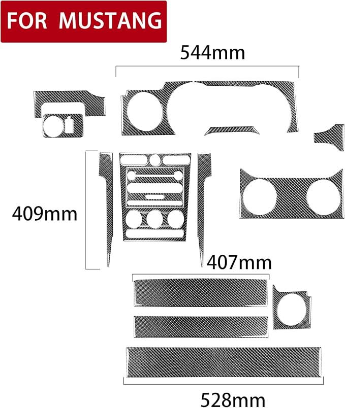 Real Carbon Fiber Trim for Ford Mustang GT Shelby Accessories | for 2005 2006 2007 2008 2009，Center Meter Instrument Central Console Cover Kit，Thick Overlay Sticker Decal，17PCs