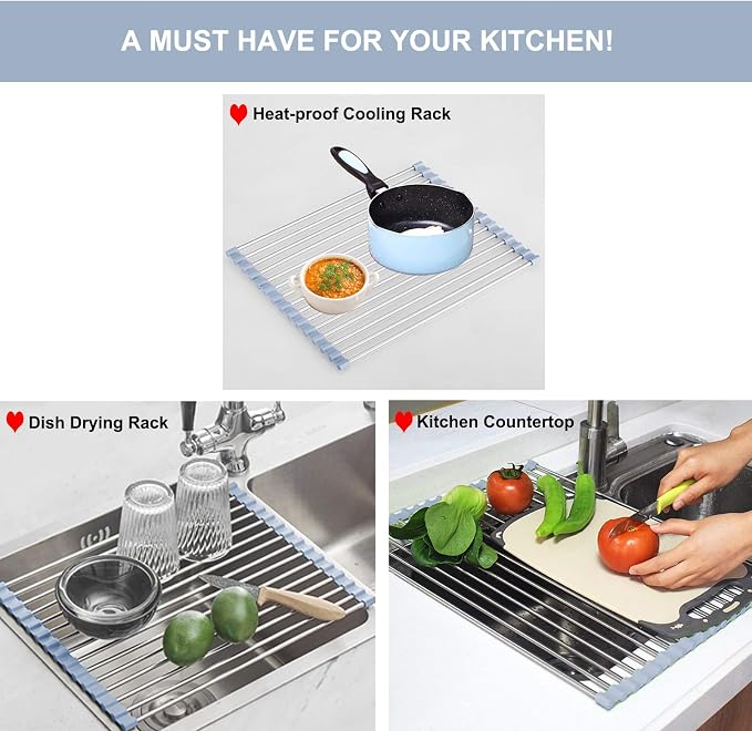 MECHEER Over The Sink Dish Drying Rack, Roll Up Dish Drying Rack Kitchen Dishes Rack Stainless Steel Sink Drying Racks, Foldable Dishes Drainer, Gray (17.5''x15.7'')