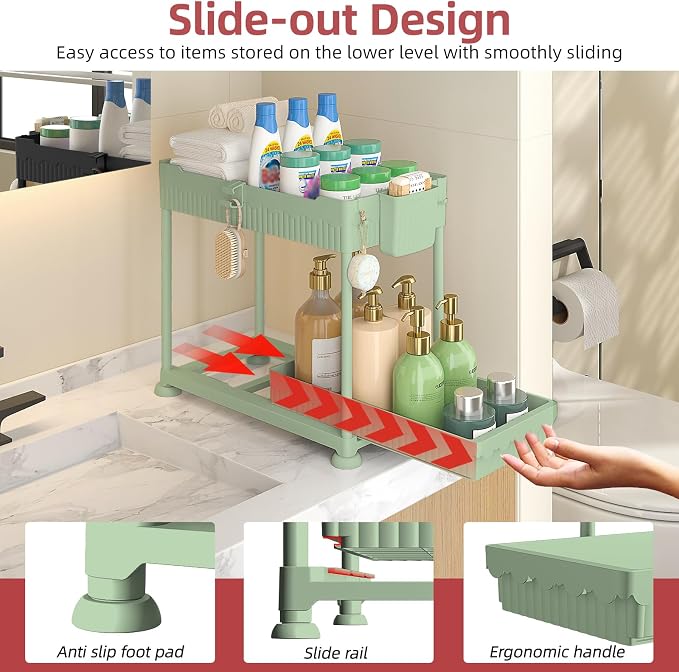Sevenblue 4-Pack 2-Tier Under Sink Organizer with Pull Out Drawers | Multi-use kitchen & bathroom storage. Includes hanging hooks and cups. Green, space-saving cabinet design. 12.8 Inch
