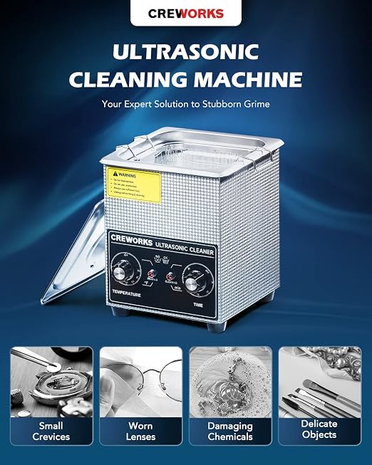 CREWORKS 2L Ultrasonic Cleaner with Heater & Timer, 60W 304 Stainless Steel Sonic Cleaner, 0.5 gal Compact Ultrasonic Parts Cleaner, Professional Lab Ultrasonic Cleaner for Jewelry Watch Coin Glasses