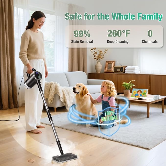 11-in-1 Steam Mop, Detachable Handheld Steam Cleaner with 3-Level Steam | 260℉ Steam Cleaner with 380mL Tank & 3 Steam Levels for Floors, Hardwood, Tile, Grout, Windows, Bathroom & Kitchen