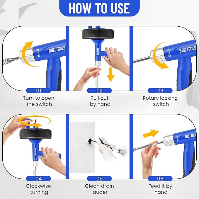 BULLTOOLS Drain Auger, 25FT Drain Clog Remover with Drill Adapter, Flexible Snake Drain Hair Removal Tool for Kitchen Sink, Bathtub, and Shower Comes with Gloves and Storage Bag