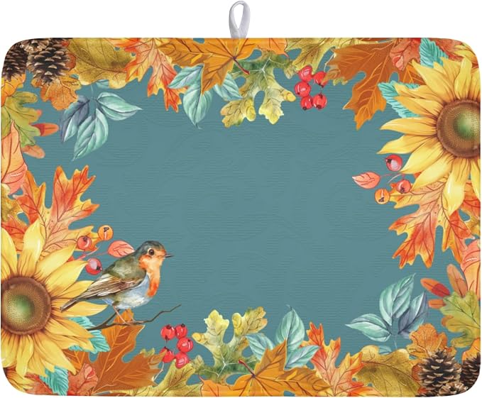 Fall Sunflower Dish Drying Mat for Kitchen Counter 18 x 24 Inch Autumn Orange Leaf Dish Drainer Mat Absorbent Microfiber Thanksgiving Harvest Dish Rack Pad for Coffee Dining Bar Decor