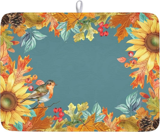 Fall Sunflower Dish Drying Mat for Kitchen Counter 18 x 24 Inch Autumn Orange Leaf Dish Drainer Mat Absorbent Microfiber Thanksgiving Harvest Dish Rack Pad for Coffee Dining Bar Decor