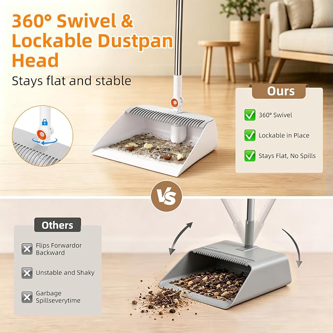 Broom with Dustpan Combo Set, 53" Long Handle, Includes 2 Broom Heads | Collapsible Broom and Dustpan Set, 180° Swivel Broom Head, 360° Lockable Dustpan, Built-in Hair Comb