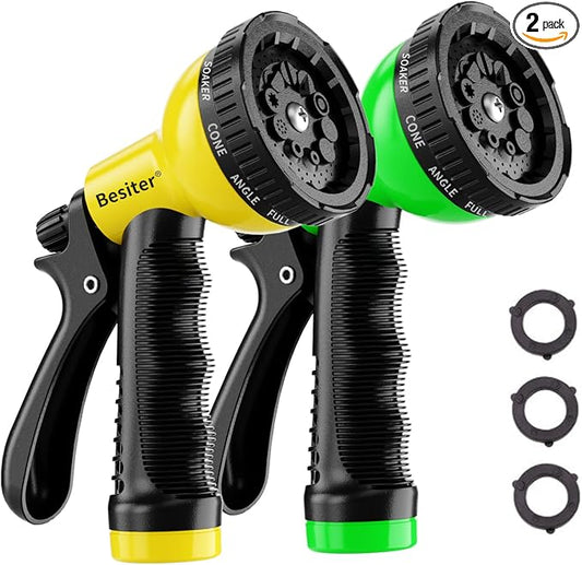 Besiter Garden Hose Nozzle Sprayer: 2 Pack 10 Watering Patterns Water Hose Spray Nozzles for Garden Hose Heavy Duty Hose Head Hose Attachment for Garden Hose YellowGreen