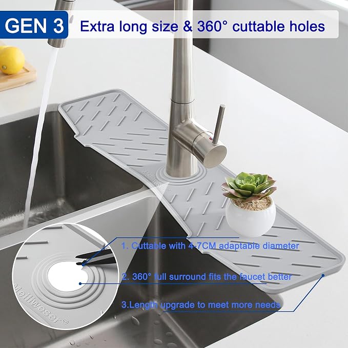 Faucet Mat for Kitchen Sink – 24” x 5.1” Extra-Long Silicone Splash Guard with 10° Slope & Upgraded Drainage – Gen 3 Sink Water Catcher & Sponge Holder for Kitchen, Bathroom (Gray)