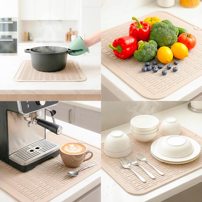 MicoYang Silicone Dish Drying Mat for Multiple Usage,Easy clean,Eco-friendly,Heat-resistant Silicone Mat for Kitchen Counter or Sink,Refrigerator or Drawer Liner Tapioca XL 18 inches x 16 inches