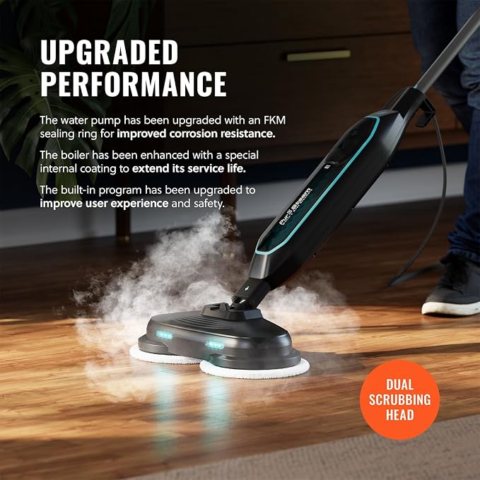 PurSteam ScrubMaster V2 Steam Mop with Dual Scrubbing Head and LED Lights | Dual Scrubbing Head | LED Headlights | Adjustable Steam Control | Anti-Slip Swivel Head | Cable Holder | Upright Lock