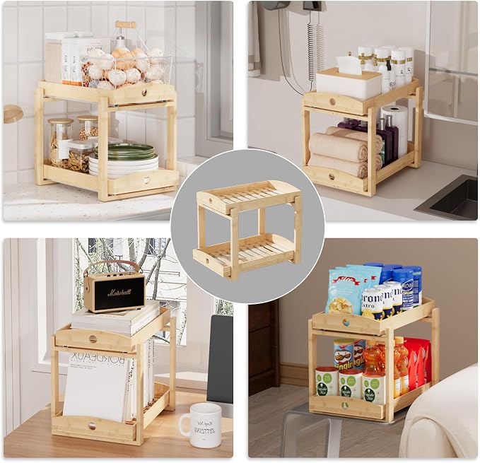 APRTAT 2 Pack Under Sink Organizer, Bamboo Wooden 2-Tier Pull-Out Storage with Sliding Drawers for Kitchen and Bathroom Cabinets, Easy Installation (Natural)