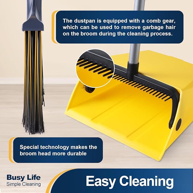 Yocada Commercial Broom and Dustpan Set with Comb Commercial Outdoor Indoor | for Courtyard Garage Lobby Mall Market Floor Home Kitchen Room Office Pet Hair Rubbish