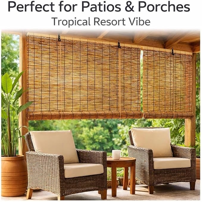 Bamboo Roman Shades for Windows, Roll Up Blinds for Indoor & Outdoor Patio, Natural Reed Light Filtering Sun Shade for Porch, Matchstick Window Treatments, 36 46 60 96 H(Brown,10" W x 48" H)