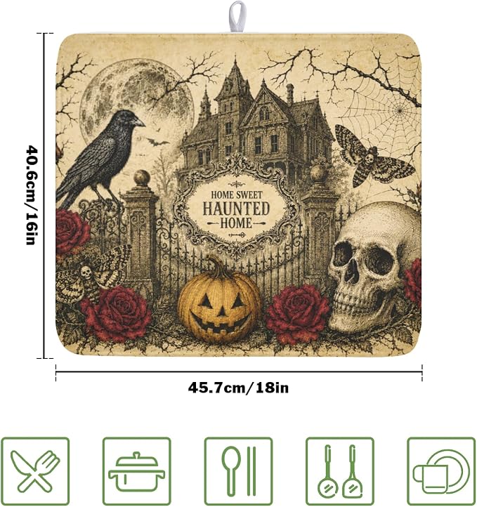 Halloween Pumpkin Dish Drying Mat for Kitchen Counter 16 x 18 Inch Ghost Castle Dish Drainer Mat Absorbent Microfiber Rose Skull Crow Dish Rack Pad for Coffee Dining Bar Decor