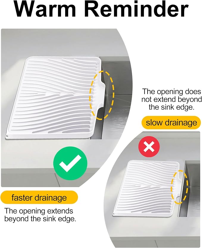 Silicone Dish Drying Mat for Kitchen Counter, Non-Slip Drain Pad with Built-in Drain, Heat Resistant Dish Drying Pad, Multi-Use Drying Mat, Dishwasher Safe & Hangable, White, 19.7" x 15"