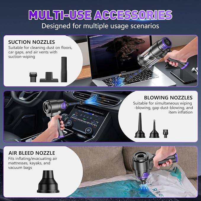 KMM Handheld Car Vacuum Cleaner, 16000PA Hand Held Vacuum & Air Duster | Strong Suction, Portable, Cordless, 120W High Power Rechargeable, Multi-Nozzles & LED Liht, for Home, Car, Office