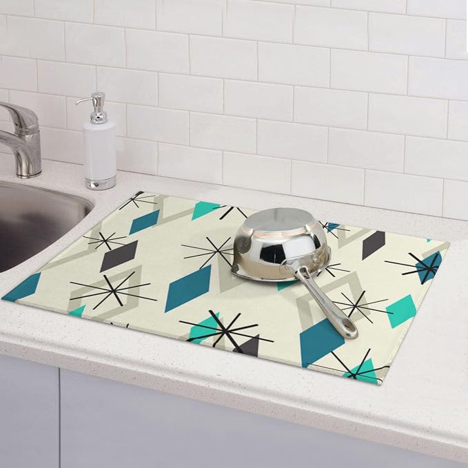 Vintage Mid Century Geometic Dish Drying Mat For Kitchen Counter, Super Absorbent Microfiber Dish Drying Pad, Kitchen Gadgets For Easy Clean Multi-Use Large 18"x24"