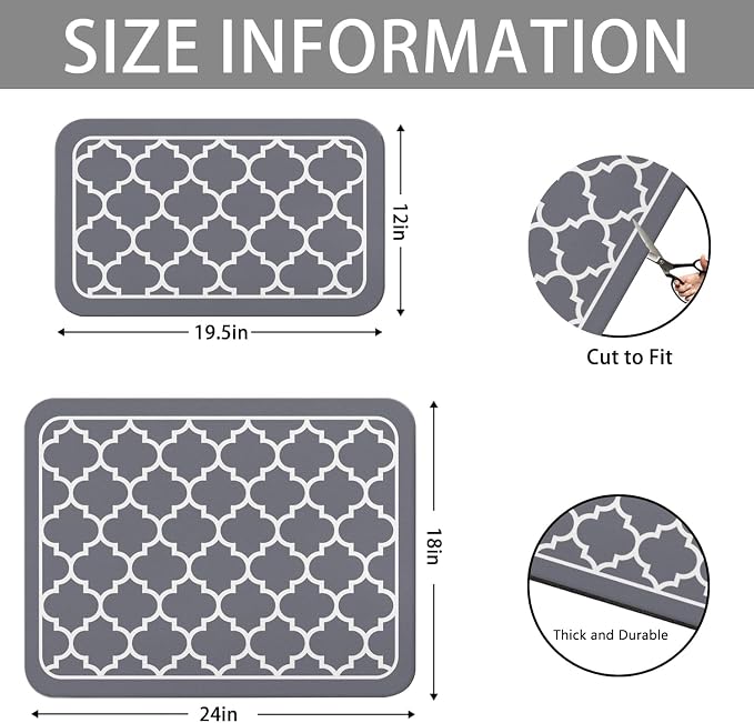 Dish Drying Mat 2-Pack in Grey Quatrefoil for Kitchen Counter Dishes Mat | Diatom Mud Mats (18x24, 19.5x12"). Non-slip rubber back for kitchen counter, coffee bar & sink scenes