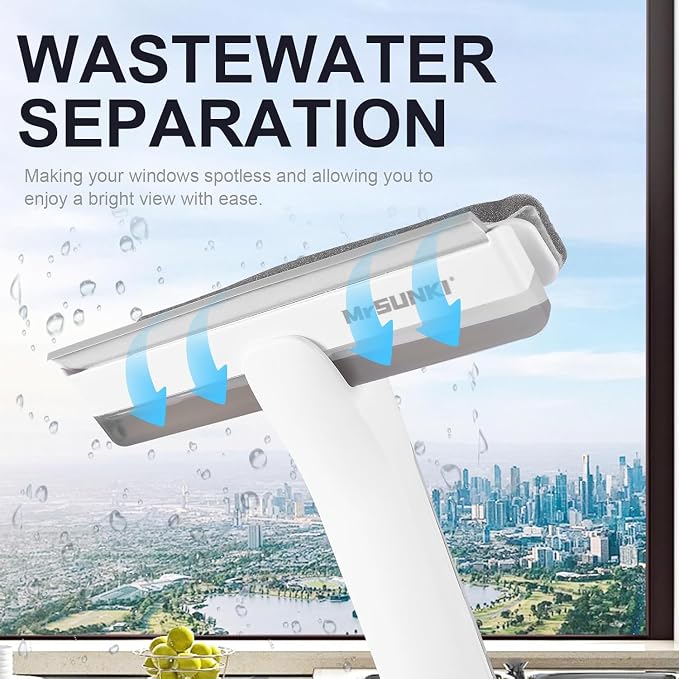 4 in 1 Window Squeegee with Wastewater Tray, Window Cleaner Tool with Spray Bottle, 70.87" Adjustable Extension Pole for Shower Glass & Car Window