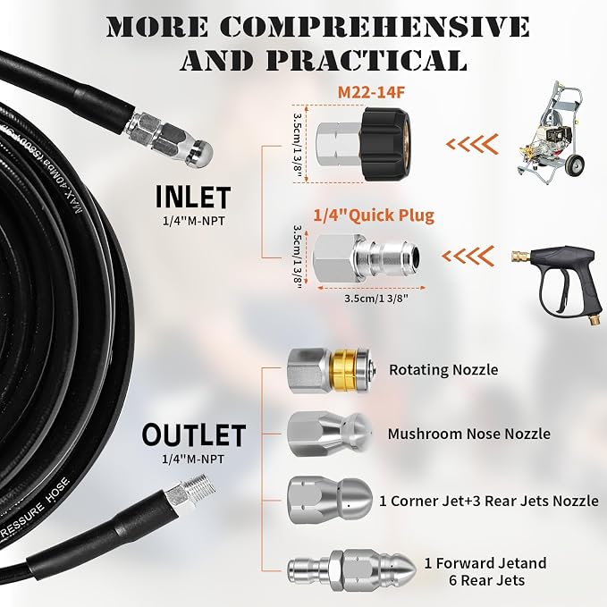 150FT Sewer Jetter Kit for Pressure Washer, 5800PSI Drain Cleaner Hose 1/4 Inch NPT Corner, Rotating and Button Nose Sewer Jetting Nozzles, Waterproof Tape and 2 Spanners (Black)
