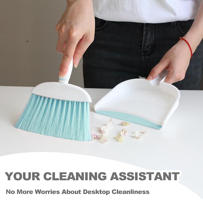 Mini Broom and Dustpan Set Small Broom with Dustpan Combo Set Portable Cleaning Tools for Home Office RV Learning Camping (White+Blue)
