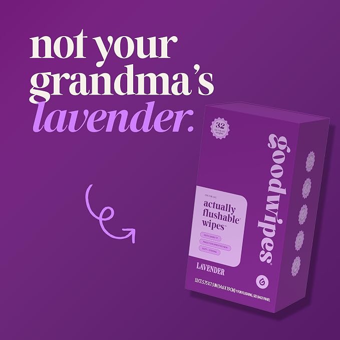 goodwipes Flushable Wipes for Women - Lavender Individually Wrapped Travel Butt Wipes To Go, Mini Purse & Festival Essentials for Adults, pH Balanced for Feminine Hygiene, 32 Count (1 Pack)