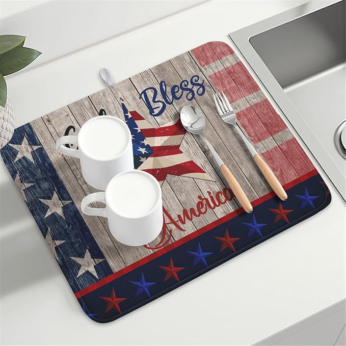 Kawani 4th of July Dish Drying Mat 18x24 Inch Patriotic God Bless America Memorial Kitchen Mats Independence Day Absorbent Dishes Pad for Kitchen Counter USA Star Drying Mat Home Decor for Countertop