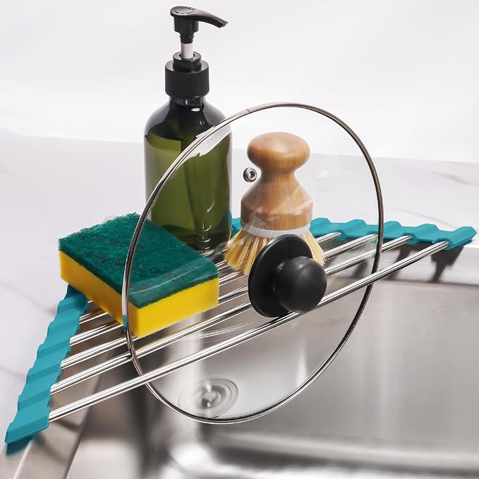 Tomorotec Triangle Roll-Up Dish Drying Rack for Sink Corner Small Foldable Stainless Steel Over The Sink Multipurpose Kitchen Drainer Caddy Organizer Storage Shelf Holder (Dark Green)