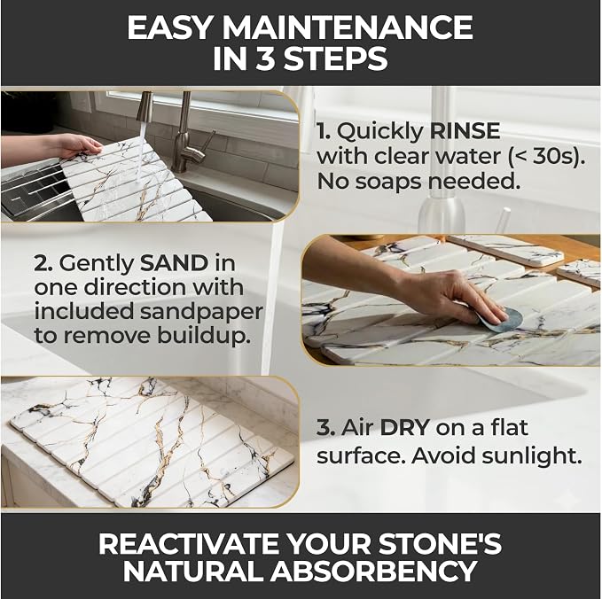 Stone Dish Drying Mat for Kitchen Countertop 24x16 Large Diatomaceous Earth Quick-Dry Absorbent Foldable Non-Slip Organizer for Dishes Glasses Utensils with Coaster Pads Gold Veined Marble