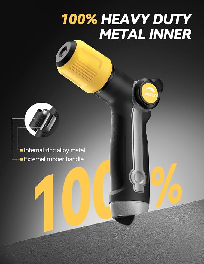 VOXON Garden Hose Nozzle with High Pressure Jet, 100% Heavy Duty Metal | Zinc Alloy & TPR Rubber, With Thumb Flow Control, Adjustable Spray Patterns for Garden Watering, Car Washing, Yellow Black